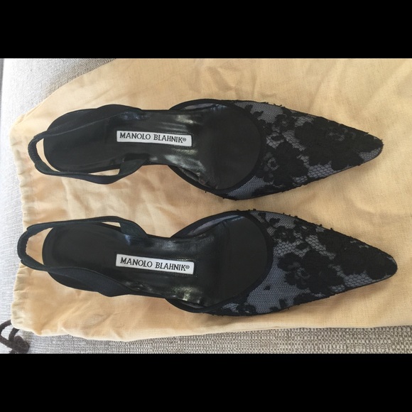 Black Lace Manolo Blahnik sling backs