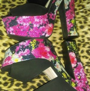 Black and pink flowered platform heels