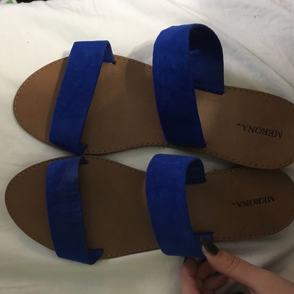 Blue suede double strap sandals/ size 9
