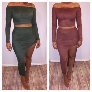 Two piece set in olive or clay off the shoulder