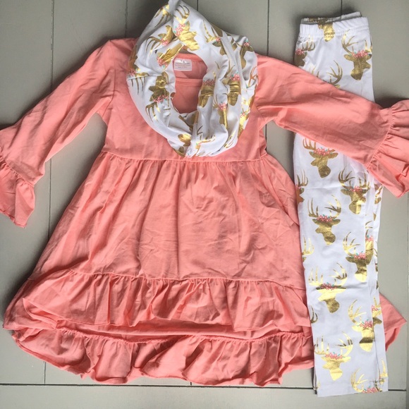1 LEFT!Coral-gold reindeer 3 piece boutique outfit - Picture 3 of 4