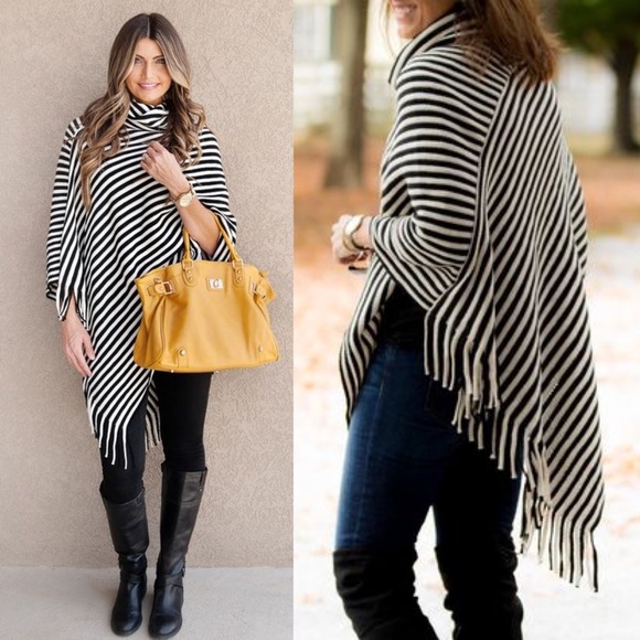 🆕EMMALEE cowl neck poncho - BLACK/WHITE - Picture 2 of 4