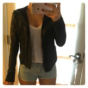 Leather hooded jacket.