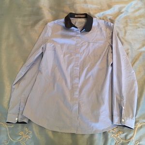 Blue button down shirt with cute B&W dot collar