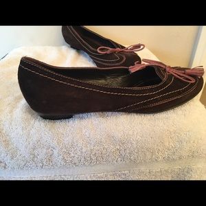 Italian brown suede flats with pink leather trim.