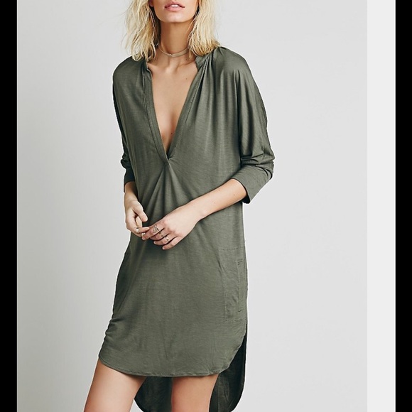 Last LG🎉Olive Long Sleeve Dress Plunging Neckline - Picture 2 of 3