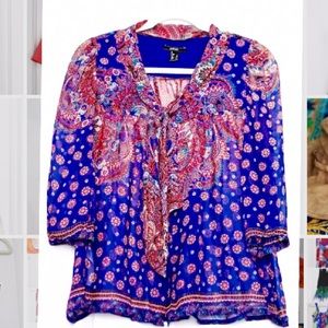 Mango Sheer Multi-Colored Tie-Neck Blouse