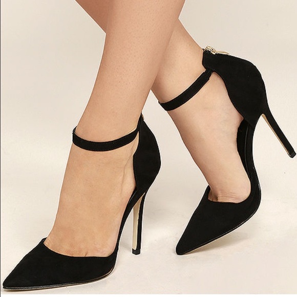 Black suede ankle strap heels