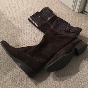 Brown suede and croc leather detail boots 9.5