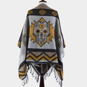 Aztec Pattern Day of the Dead Poncho with Fringe