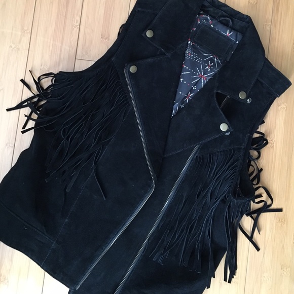 Black genuine leather fringe vest small