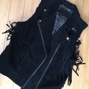 Black genuine leather fringe vest small