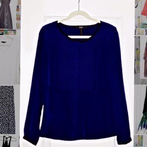 BCBG Long Sleeved Silk Navy w Black Trim Bib Top