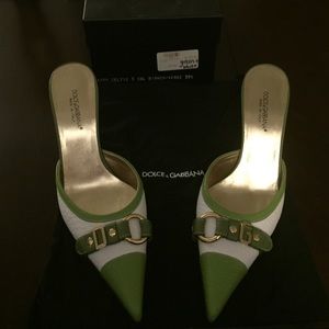 Green, white and gold D&G pointed toe heels