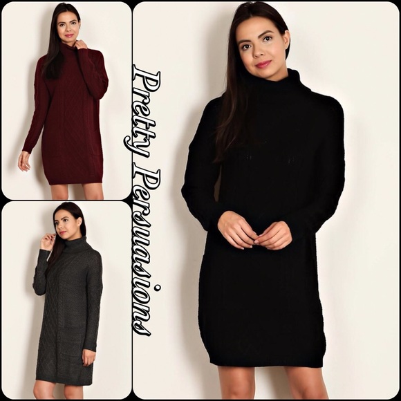 Black Cable Knit Turtleneck Sweater Dress - Picture 3 of 8