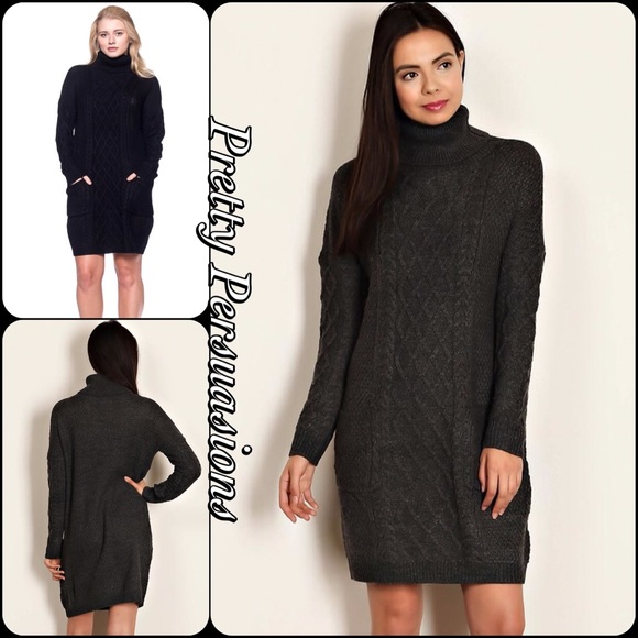 Black Cable Knit Turtleneck Sweater Dress - Picture 4 of 8