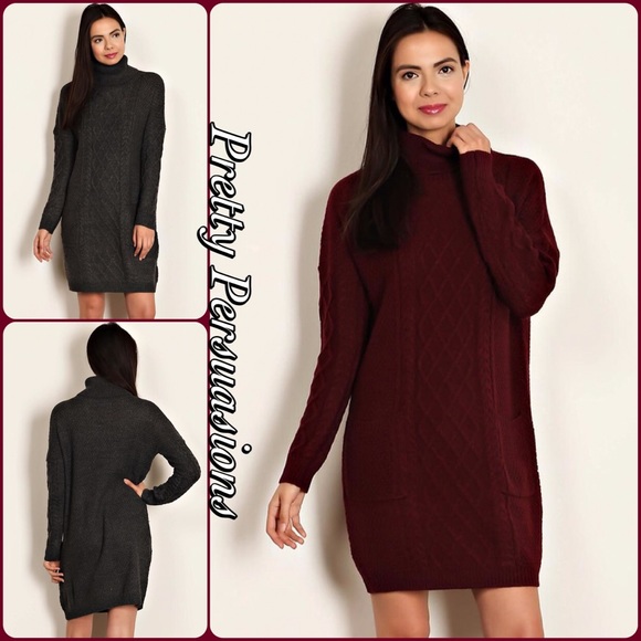 Black Cable Knit Turtleneck Sweater Dress - Picture 5 of 8