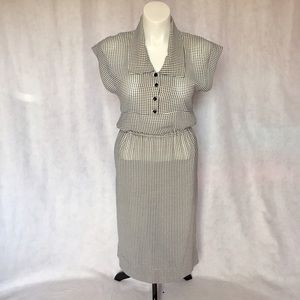 Vtg L XL Houndstooth Chiffon Secretary Midi Dress
