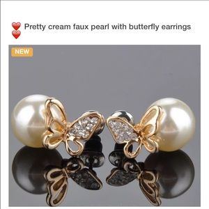Faux pearl stud earrings with butterfly