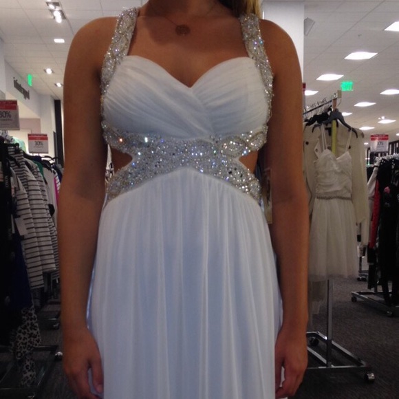 white beaded macy's prom dress