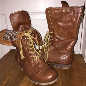 Brown faux leather combat boots