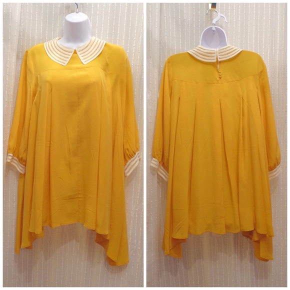 tba Dresses & Skirts - Mustard Silk Peter Pan Collar Swing Babydoll Dress