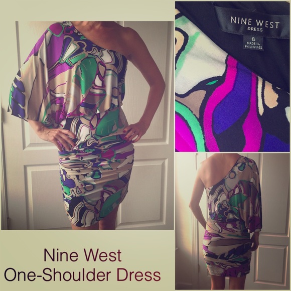 Nine West Purple Multi One-Shoulder Blouson Dress