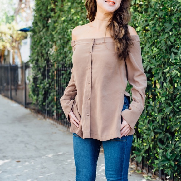 OFF SHOULDER BUTTON FRONT CAMEL LONG SLEEVE BLOUSE