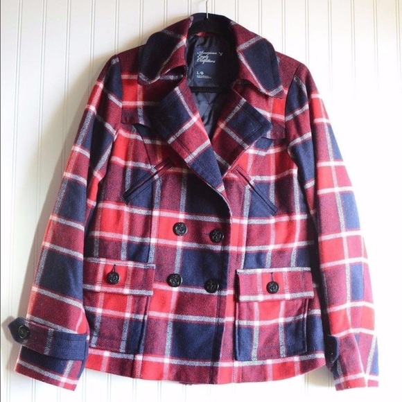American Eagle Red & Navy Plaid Wool, Peacoat