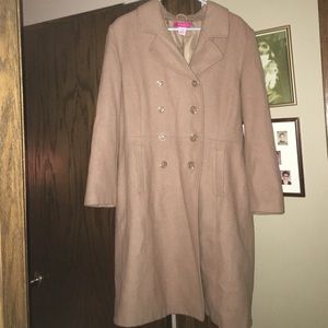 Dark tan wool trench coat style coat.