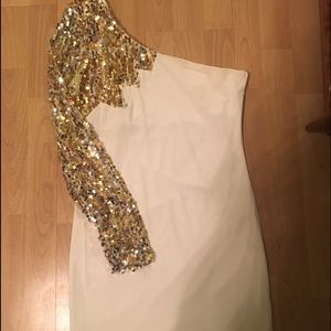 One shoulder sequined gold & white dress