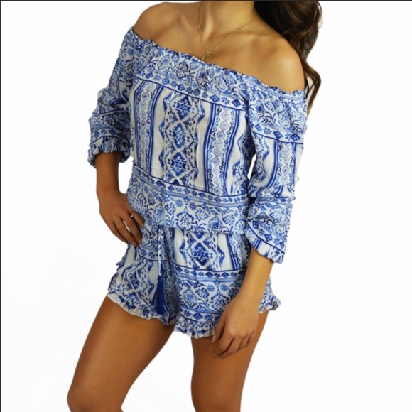 Aztec Romper Blue and White Onesie - Picture 2 of 4