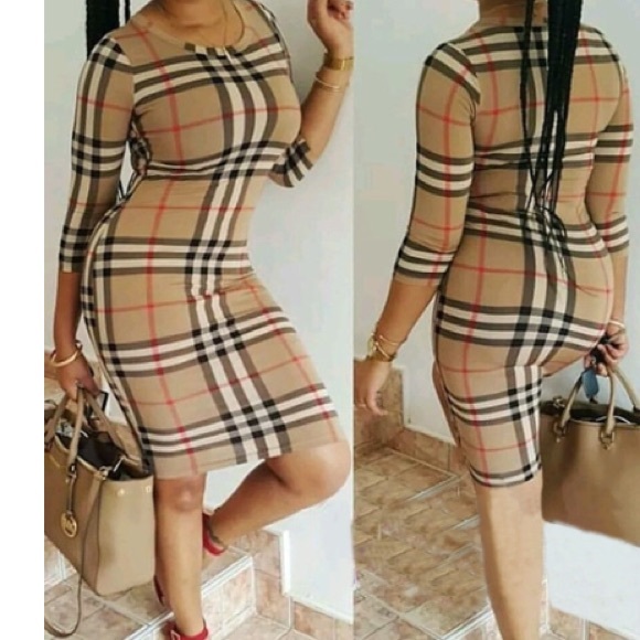Tan plaid printing dress - Picture 3 of 4