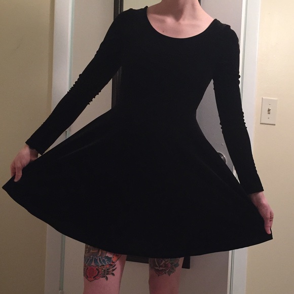 Long sleeve black velvet skater dress