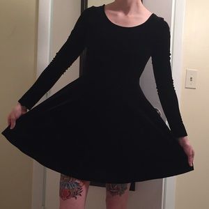 Long sleeve black velvet skater dress