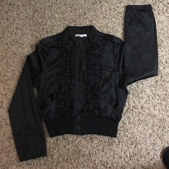Black Ruffle Front Satin Jacket