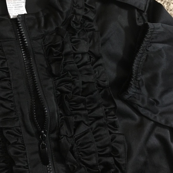 Black Ruffle Front Satin Jacket - Picture 3 of 4
