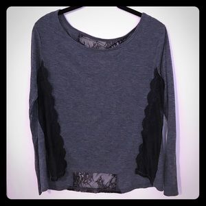 Long sleeve grey shirt with black lace detail