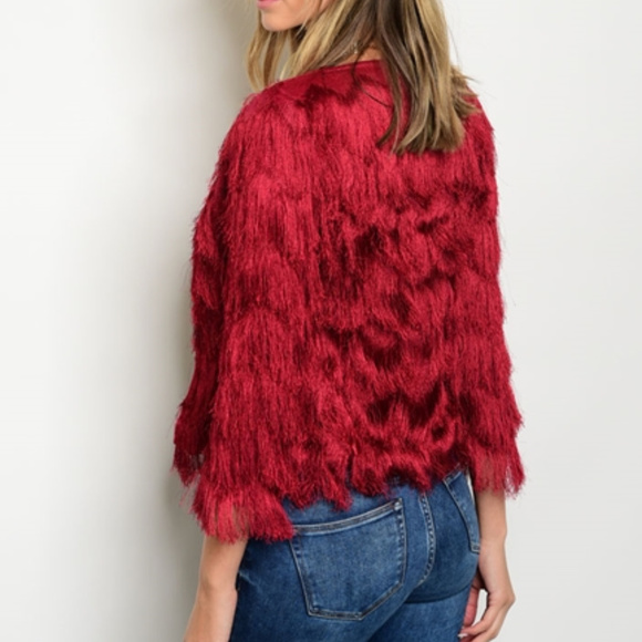 'RUBY' DAZZLING RED WINE FRINGED JACKET - Picture 2 of 3