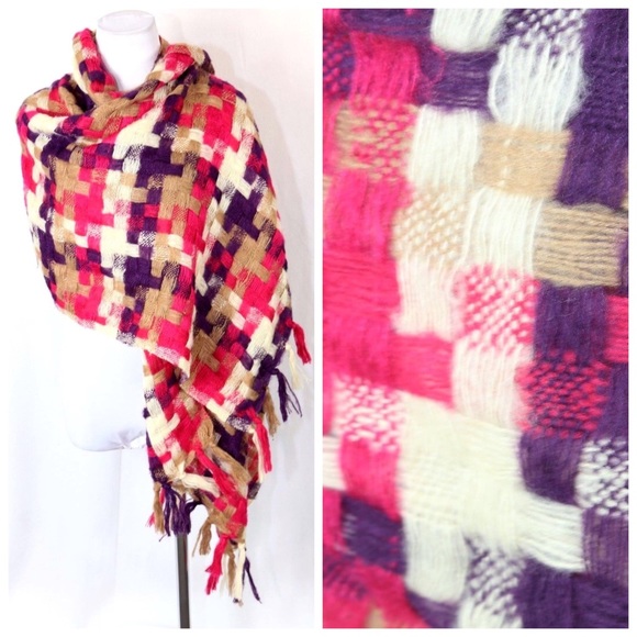 Soft Basket Weave Knit Fuchsia Ivory Scarf B58 - Picture 3 of 4