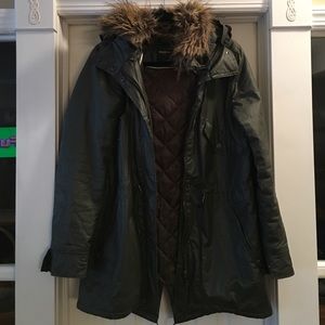 Bebe winter coat. Olive green with faux fur trim
