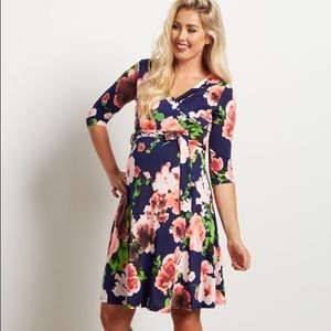 Pink blush maternity / nursing navy floral dress