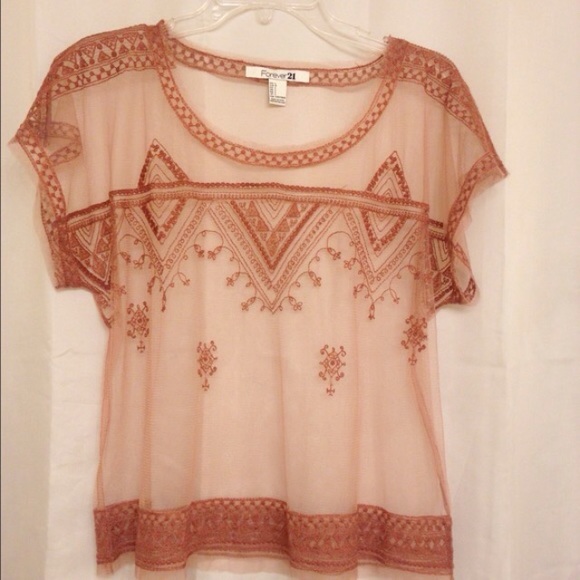 Forever 21 blouse NWOT blush nude mesh embroidered - Picture 2 of 4