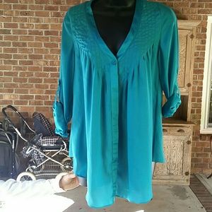 Turquoise Sheer with Satin Trim V-neck Blouse