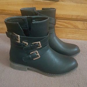 Alivia black bootie with gold buckles