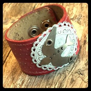 Polka Dot & Bird Red Leather Cuff