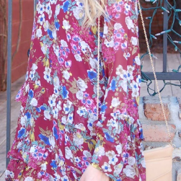 Small-Large Wine colored floral Boho dress - Picture 2 of 3