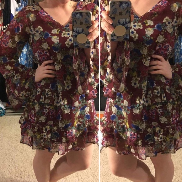 Small-Large Wine colored floral Boho dress - Picture 3 of 3