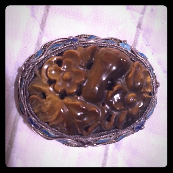 Vintage carved tiger eye pin set in enamel silver