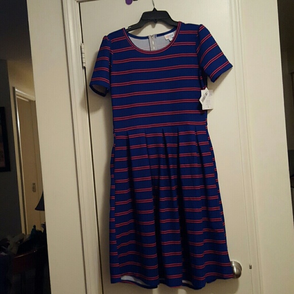 LuLaRoe Amelia Blue with Red Stripped